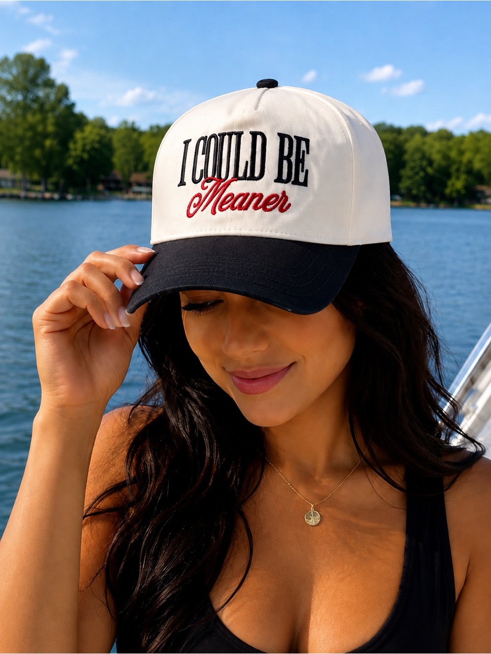 I Could Be Meaner Adjustable Black Brim Embroidered Trucker Hat